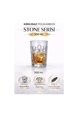 Kırılmaz Polikarbon Stone Serisi Bardak 6 Adet 300 Ml Cam Görünümlü Desenli Tasarım Şeffaf