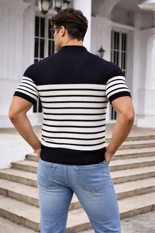 Tarz Cool Erkek Çizgili Triko Polo Yaka Slim Fit T-shirt Siyah