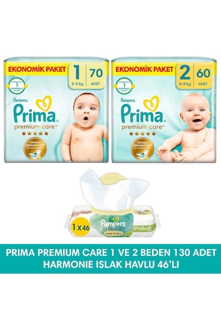 Prima Bebek Bezi Premium Care 1 Numara 70 Adet + Prima Bebek Bezi 2 Numara 60 Adet 2'li