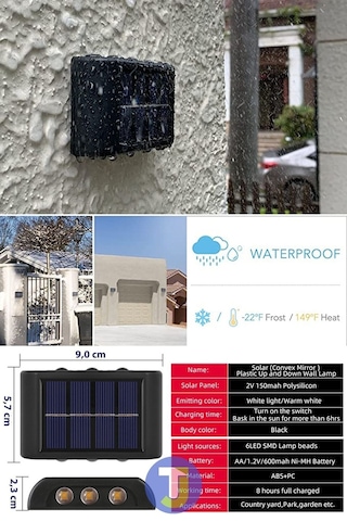 Modern Solar Güneş Enerjili 6 Ledli Bahçe Aydınlatması Aplik Sarı Işık Led Lamba 2 Adet