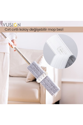 Vusıgn Düz Mop Temizlik Paspası Döner Başlıklı Mikrofiber Mop 56x15 Cm Parke Fayans Zemin Temizleme Aparatı