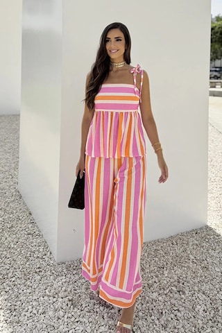 Lolipop Pastel Çizgili Beli Bol Salaş Askılı Rengarenk Yazlık Tatil Pantolon Bluz Takım Pembe