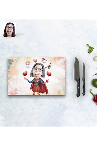 Kişiye Özel Süper Anne Karikatürlü Cam Kesme Ve Sunum Tablası 20X