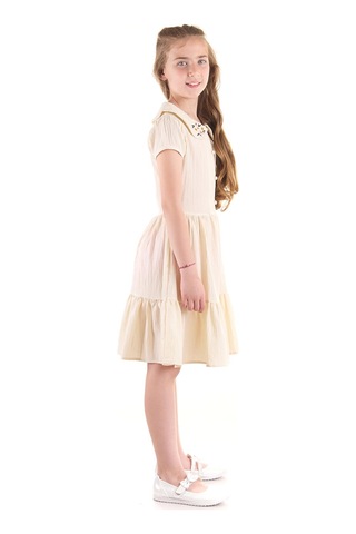 Ahengim Kız Çocuk Düğmeli Yaka Nakışlı Elbise Trend Pamuklu Pamuklu Ak2523 KREM