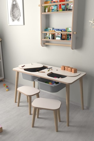 Çocuk Oyun Ve Aktivite Masası - 2 Tabure - Gri Sepetli Beyaz-gri Beyaz - Gri