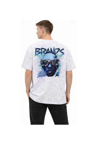 Erkek Asit Yıkamalı Oversize Tişört Future Worlds Baskılı Bisiklet Yaka Kısa Kollu Streetwear %100 Pamuk Street Style T-shirt - Beyaz Siyah
