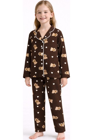 Beka Kids Ayıcık Desenli Uzun Kollu Önden Düğmeli Gömlek Yaka Kız Çocuk Pijama Takımı %100 Pamuklu Kahverengi