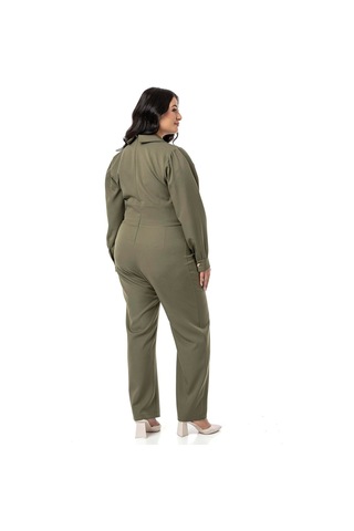 Büyük Beden Kruvaze Yaka Metal Düğmeli Fermuarlı Haki Tulum-haki Haki