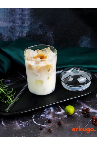 Borosilikat Sunum Bardağı, Kapaklı Pipetli Bardak, Kahve Bardağı, Isı Dayanıklı Bardak 500 Ml Companna