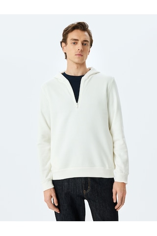 Koton Kapşonlu Pamuk Karışımlı Şardonlu Basic Yarım Fermuarlı Sweatshirt Beyaz 5wam70251mk