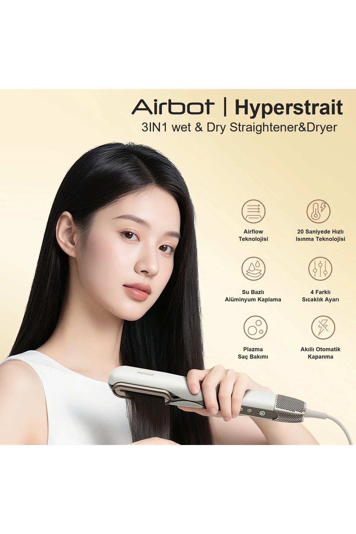 Airbot Aria Hyperstrait 3'ü 1 Arada Saç Düzleştirici Kurutucu Ve Plazma Saç Bakım Cihazı Beyaz