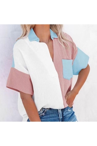 Yaz Moda Rahat Gevşek Gömlek Kadın Patchwork Renk Kısa Kollu Pamuklu Bluz Kadın Düğme Yukarı Gömlek Elbise Tops 26436 Pembe
