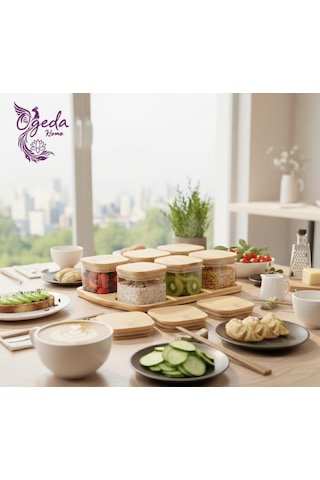 6 Lı Kare Cam Saklama Kabı Seti Bambu Kapaklı 240 Ml Kavanoz Kahvaltılık & Çerezlik Seti Açık Kahverengi