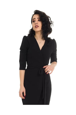 Ayhan Kadın Büyük Beden Kruvaze Yaka Belden Bağlama Detaylı Krep Elbise 1246 Siyah Siyah