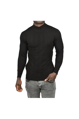 Deepsea Erkek Siyah Dar Kesim Baklava Desenli Yarım Boğazlı Yaka Triko Yarım Balıkçı Yaka Kazak 2505506 Siyah
