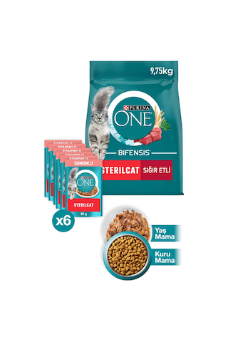 Purina One Sterilcat Sığır Eti Buğday Kısırlaştırılmış Kedi Maması 9750 G + Somonlu Kısırlaştırılmış Kedi Maması 6 x 85 G