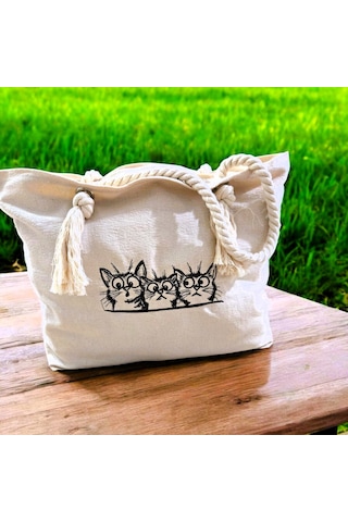 Meraklı Kedi Nakışlı Bez Çanta Naturel Ten