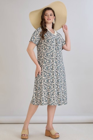 Wearon Kadın Beliz Büyük Beden Dantelli Kısa Kollu Turkuaz Elbise Bej