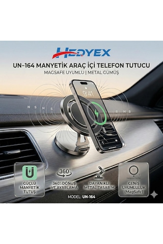 Hedyex Un-164 Manyetik Araç İçi Telefon Tutucu Magsafe Uyumlu Metal Gümüş