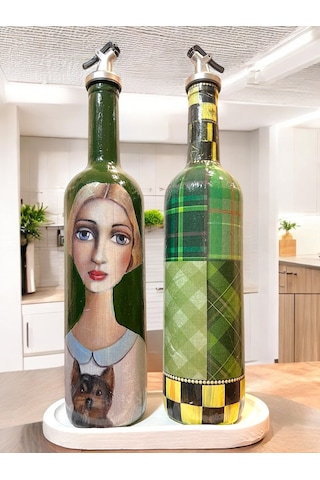 Vintage Sanat Desenli Retro Yeşil Cam Yağdanlık Seti-sirkelik Sosluk Seti- Ev Ve Mutfak Dekoru Yeşil