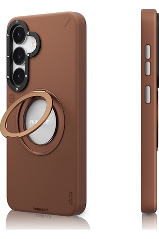 Galaxy S25 Kılıf Magsafe Uyumlu 360 Standlı Mat Deri Youngkit Tech Leather Kapak Kahverengi