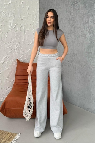 Kadın Gri Yüksek Bel Bol Paça Kaşkorse Fitilli Cepli Pantolon Eşofman Altı Cmrb104 Gri