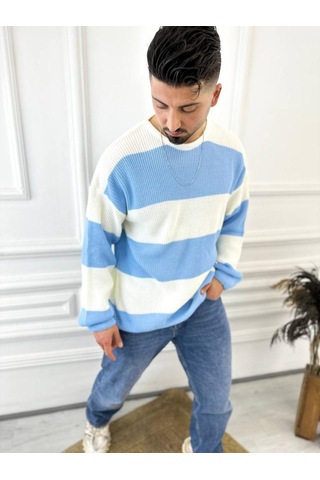 Kazak Oversize Tüylenmez Naturel Pamuk Örme Triko Kazak Mavi