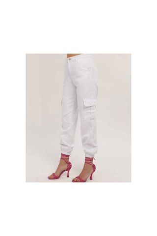 Kene Jeans Paça Lastik Kargo Cep Keten Mom Pantolon Beyaz