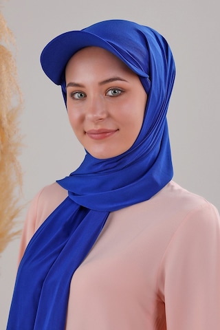 Melodi Scarf Kadın Tesettür Şapkalı Boneli Hazır Şal Saks Mavisi Saks Mavisi