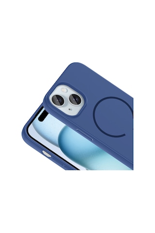 Apple Uyumlu iPhone 15 Kılıf Meta Lansman M-safe Kamera Korumalı İçi Kadife Yumuşak Renkli Süet Silikon Lacivert