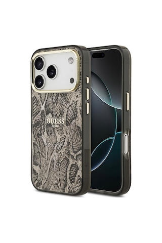 Apple Uyumlu iPhone 17 Pro Max Kılıf Guess Lisanslı M-safeli Yazı Logolu Python Desenli Kapak Kahverengi Kahverengi