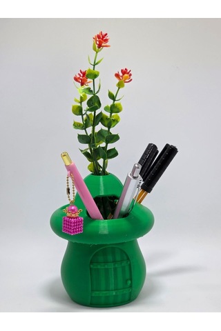 Kalemlik Yeşil Sima Mantar Çiçekli Üç Gözlü Kalemlik Düzenleyici Yeşil