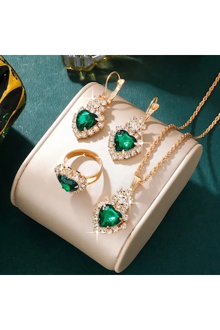 Kadın Yuvarlak Saat Ve Kolye+küpe+yüzük Takı Seti, 5 Adet/takım Yeşil