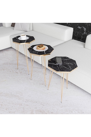 Zigon Sehpa 3'lü Sekizgen Takım Altın Tel Ayaklı Siyah Mermer-Gold