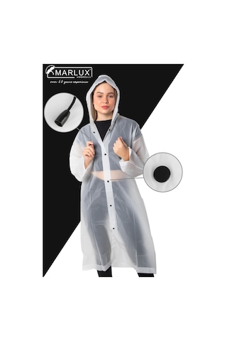 Marlux Unisex Su Rüzgar Geçirmez Kapüşonlu Çıtçıt Düğme Eva Yağmurluk - Beyaz - Siyah