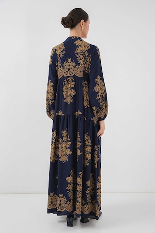 Gabria Ön Düğmeli Desenli Viskon Elbise Lacivert