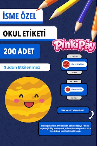 İsim Yazılabilir Sevimli Gezegenler Temalı Okul Etiketi Kalem & Defter İçin 200 Adet Mor