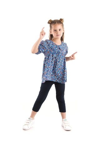 Ahengim Kız Çocuk Takım Vizkon Bluzlu Taytlı Alt Üst Takım Pamuklu Ak2521 İndigo