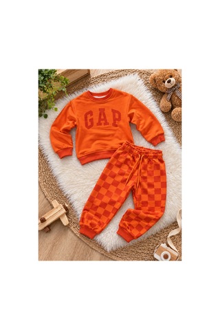 Uğur Bebe 3 İplik Şardonsuz Unisex Çocuk Turuncu Ekose Eşofman Takımı Sweatshirt, Rahat Kesim Jogger Alt, Şık Günlük Spor Kombin Turuncu Turuncu