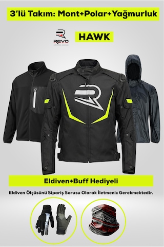 Revo Hawk Neon Sarı 3 Katmanlı 4 Mevsim Unisex Motosiklet Montu + Eldiven Ve Buff