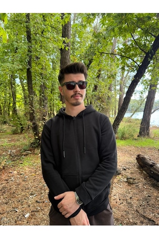 Erkek Oversize Kapüşonlu Tam Fermuarlı Kanguru Cepli Şardonlu Sweatshirt SIYAH