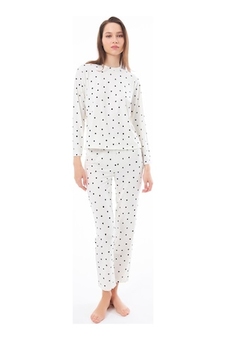 Premium Yazlık Kadın Pijama Takımı Krem Kalp Desenli Yumuşak Dokulu Bisiklet Yaka Uzun Kollu Krem