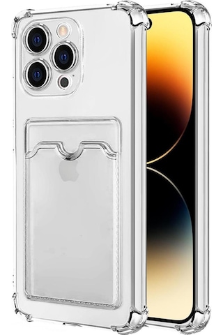 Apple Uyumlu iPhone 15 Pro Max Kılıf Darbe Emici Köşe Korumalı Kartlıklı Cüzdanlı Silikon Kapak Şeffaf