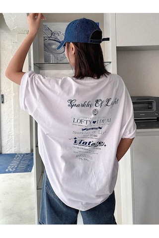 Sparkles Of Light Süprem T-shirt - Beyaz Baskılı Oversize Bisiklet Yaka Kısa Kol Tişört Beyaz