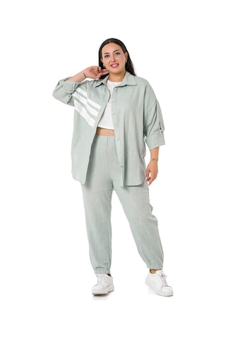 Büyük Beden Gömlek Pantolon Keten Su Yeşili Takım