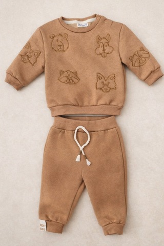 Uğur Bebe Camel Renk İşlemeli Bebek Takımı Kalın İçi Şardonlu Omuzdan Çıtçıtlı Camel Camel