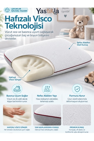 Nefes Alabilen Hava Kanallı Ortopedik Hafızalı Visco Çocuk Yastığı 60x40x6,5 Cm Beyaz Bordo
