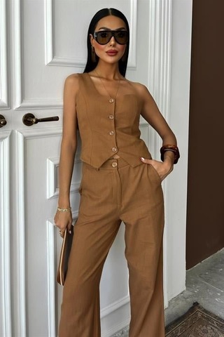 Tek Omuz Büstiyer Plazzo Pantolon Viscon Takım 10159 Kahverengi