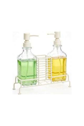2&apos Li Standlı Kare Cam Sabunluk Seti 2 X 500 Ml Ferforje Metal Standlı Siyah & Krem Renk Seçeneği Sünger/fırça Bölmeli Mutfak Ve Banyo Düzenleyici Krem 000 Açık Krem