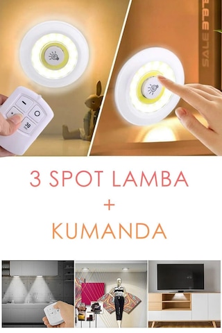 Minimalist Mutfak Dolap İçi Spot Lamba Şık Tasarım 3'lü Beyaz Kumandalı Pilli Lambader Beyaz